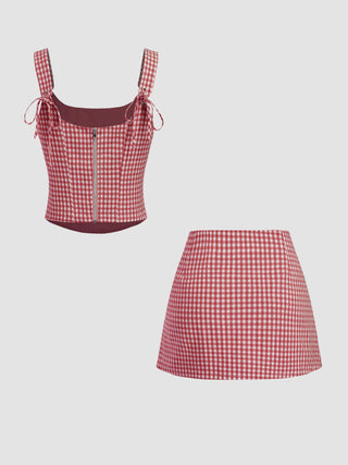 Valentine Woven U-neckline Gingham Bowknot Crop Tank Top & Low Rise Mini Skirt Set For Date