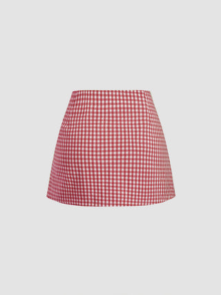 Valentine Woven U-neckline Gingham Bowknot Crop Tank Top & Low Rise Mini Skirt Set For Date