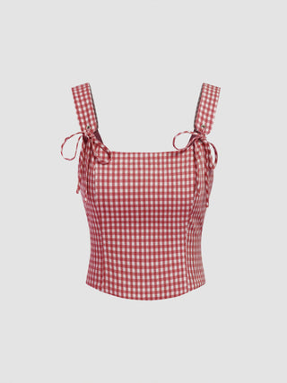Valentine Woven U-neckline Gingham Bowknot Crop Tank Top & Low Rise Mini Skirt Set For Date