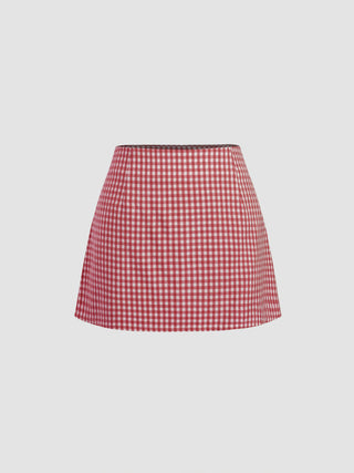 Valentine Woven U-neckline Gingham Bowknot Crop Tank Top & Low Rise Mini Skirt Set For Date