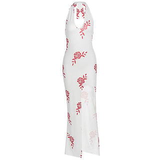 Halter v neck slit flower print maxi dress