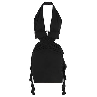 Halter o ring ruffle backless mini dress