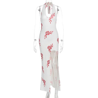 Halter v neck slit flower print maxi dress