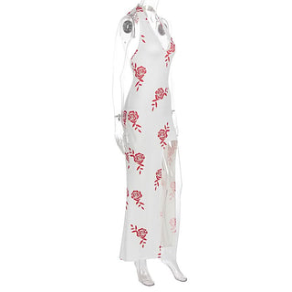 Halter v neck slit flower print maxi dress