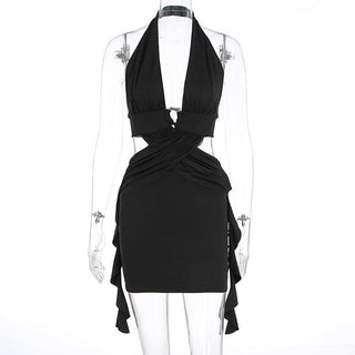 Halter o ring ruffle backless mini dress