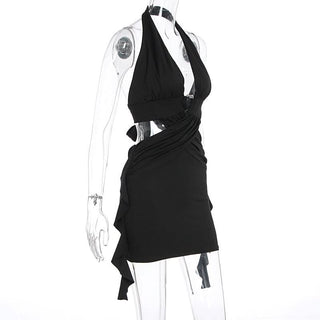 Halter o ring ruffle backless mini dress