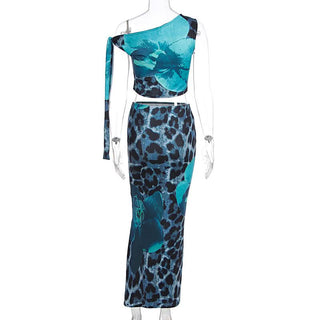 One shoulder leopard print maxi skirt set