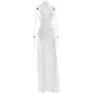 Sleeve zip-up high slit ruched maxi dress
