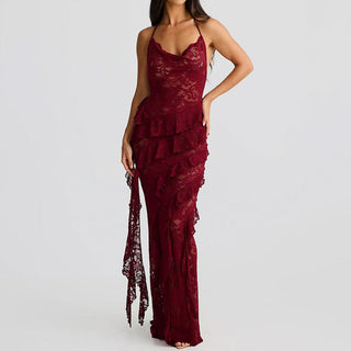 Halter lace ruffle backless maxi dress