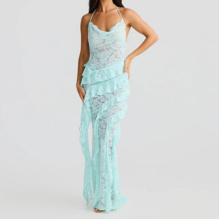 Halter lace ruffle backless maxi dress