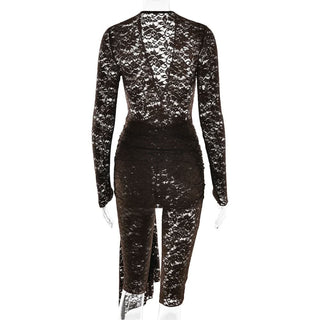 V neck long sleeve ruched lace romper
