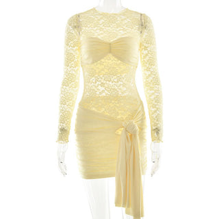 Long sleeve ruched lace knotted mini dress