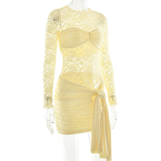 Long sleeve ruched lace knotted mini dress