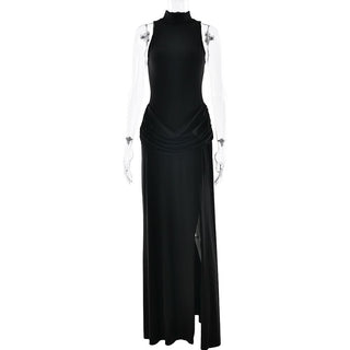 Sleeve zip-up high slit ruched maxi dress