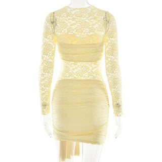 Long sleeve ruched lace knotted mini dress