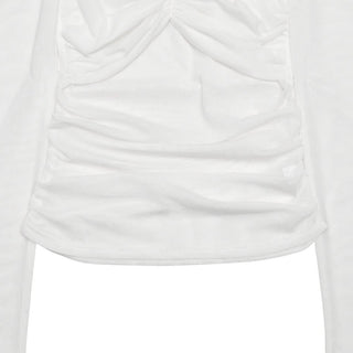 Long sleeve off shoulder mesh patchwork ruched mesh top