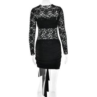 Long sleeve ruched lace knotted mini dress