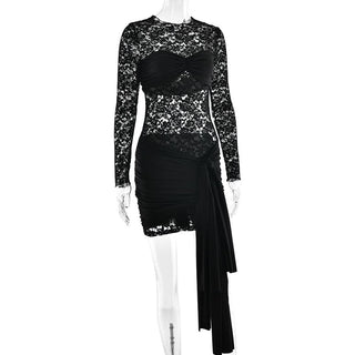 Long sleeve ruched lace knotted mini dress