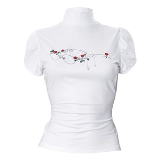 Puff sleeve high neck flower print top