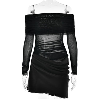 Off shoulder hollow out mesh patchwork cut out mini dress
