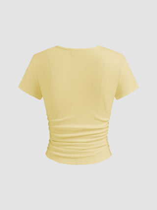 Cotton-blend V-neck Ruched Short Sleeve Tee