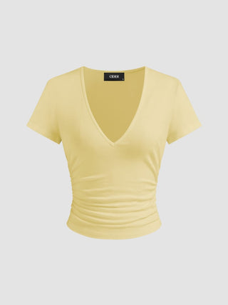 Cotton-blend V-neck Ruched Short Sleeve Tee