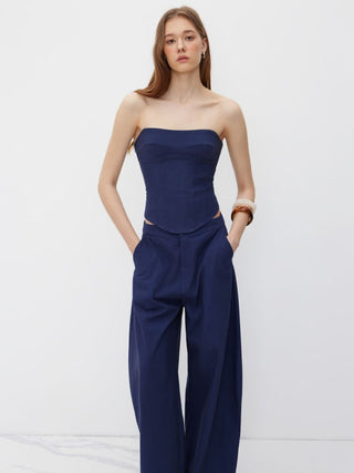 Linen-blend Lace Up Corset Bandeau Top & Mid Rise Barrel-leg Trousers Set
