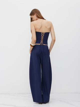 Linen-blend Lace Up Corset Bandeau Top & Mid Rise Barrel-leg Trousers Set