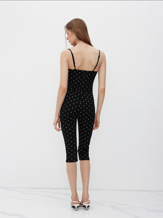 Cotton-blend Polka Dot Capri Jumpsuit