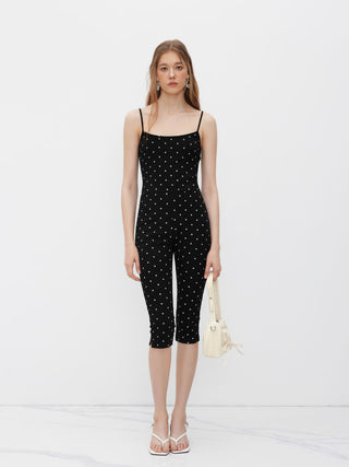 Cotton-blend Polka Dot Capri Jumpsuit