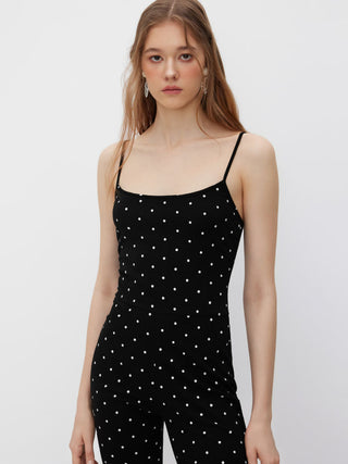 Cotton-blend Polka Dot Capri Jumpsuit