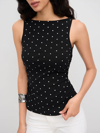 Cotton-blend Boat Neck Knotted Polka Dot Ruched Tank Top
