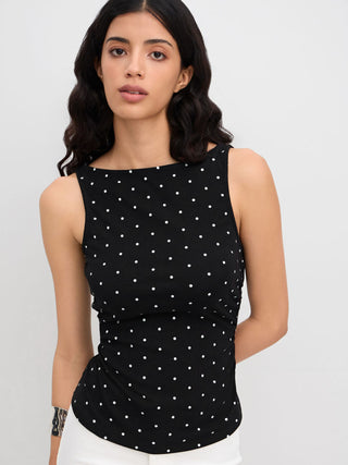 Cotton-blend Boat Neck Knotted Polka Dot Ruched Tank Top