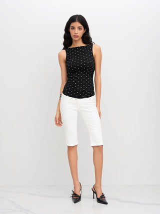 Cotton-blend Boat Neck Knotted Polka Dot Ruched Tank Top