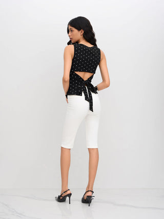 Cotton-blend Boat Neck Knotted Polka Dot Ruched Tank Top