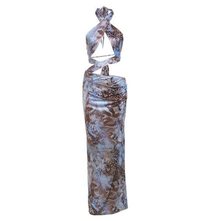 Cross front hollow out halter print cut out maxi dress