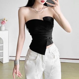 Ruched irregular backless solid tube top