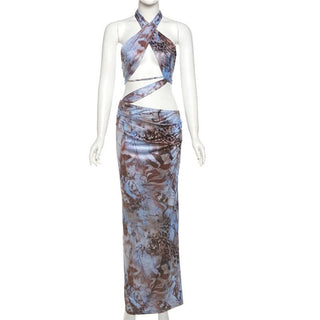 Cross front hollow out halter print cut out maxi dress