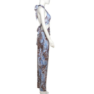 Cross front hollow out halter print cut out maxi dress