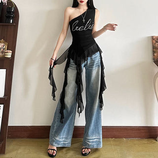 One shoulder letter beaded irregular top