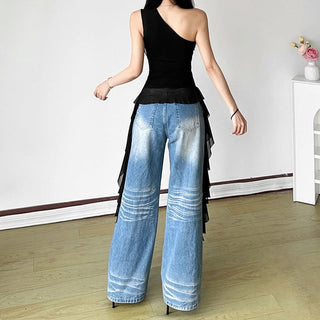 One shoulder letter beaded irregular top