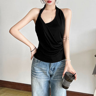 Halter ruched irregular backless top