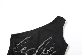 One shoulder letter beaded irregular top