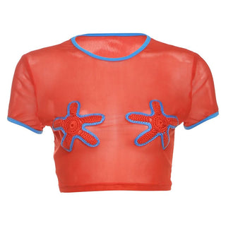 Crewneck short sleeve mesh contrast crop top