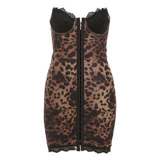 Leopard print lace hem button tube mini dress
