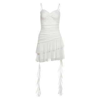 Ruched v neck ruffle solid cami mini dress