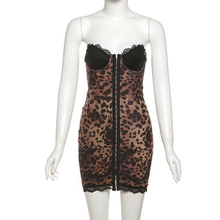 Leopard print lace hem button tube mini dress