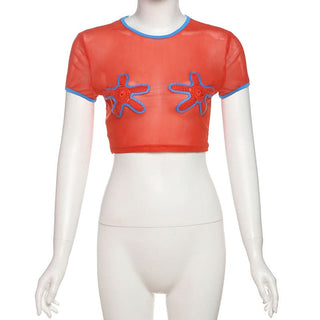 Crewneck short sleeve mesh contrast crop top