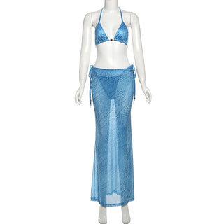 V neck self tie halter print maxi skirt set