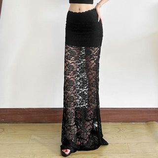 Lace see through solid maxi skirt